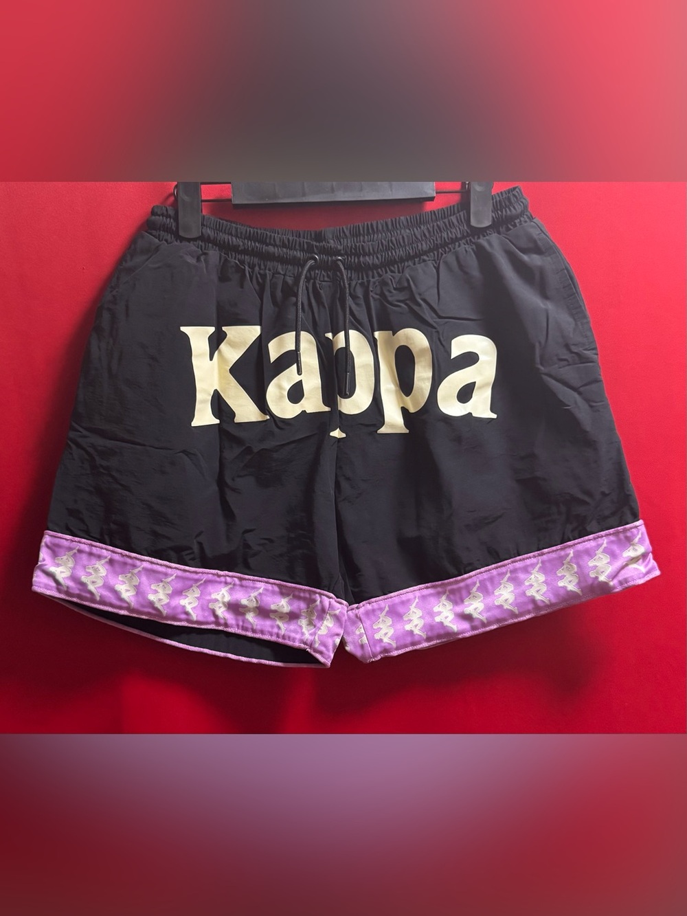 🔥#636- KAPPA- Black Athletic Shorts with Purple Accent Logo Size Large